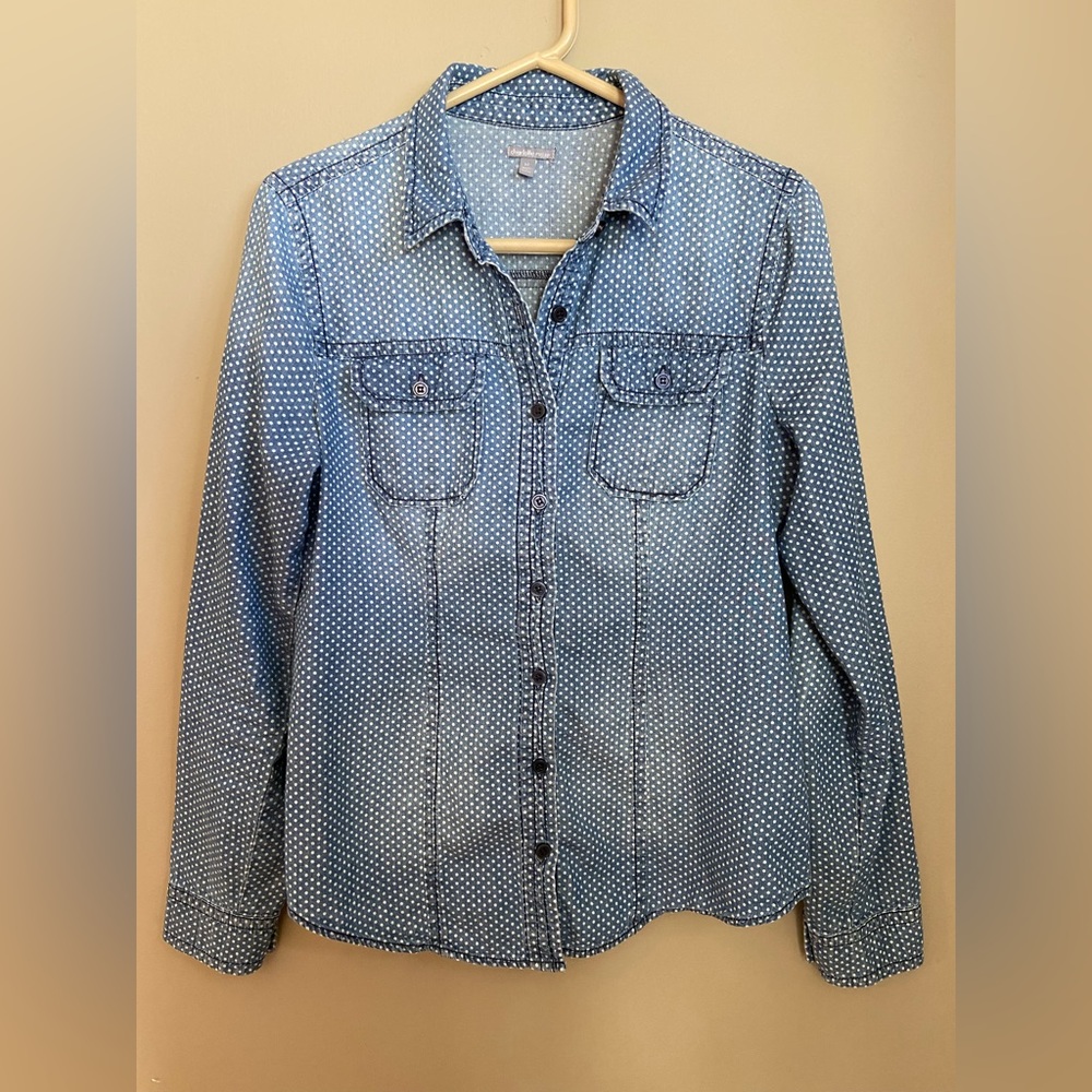 Charlotte Russe Medium button down top, blue denim polka dots.